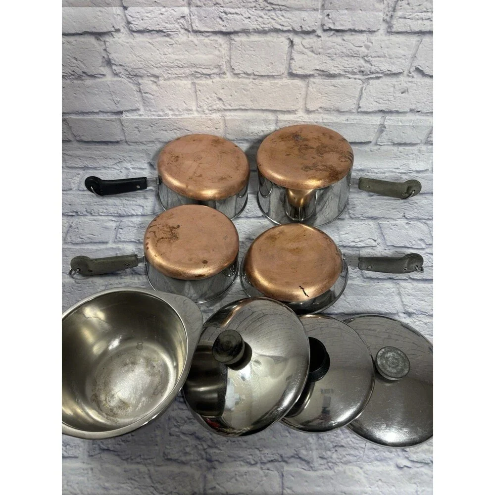 Revere Ware Set Saucepans Stockpot Lids 1801 Copper Bottom Pots Lids 9 Piece